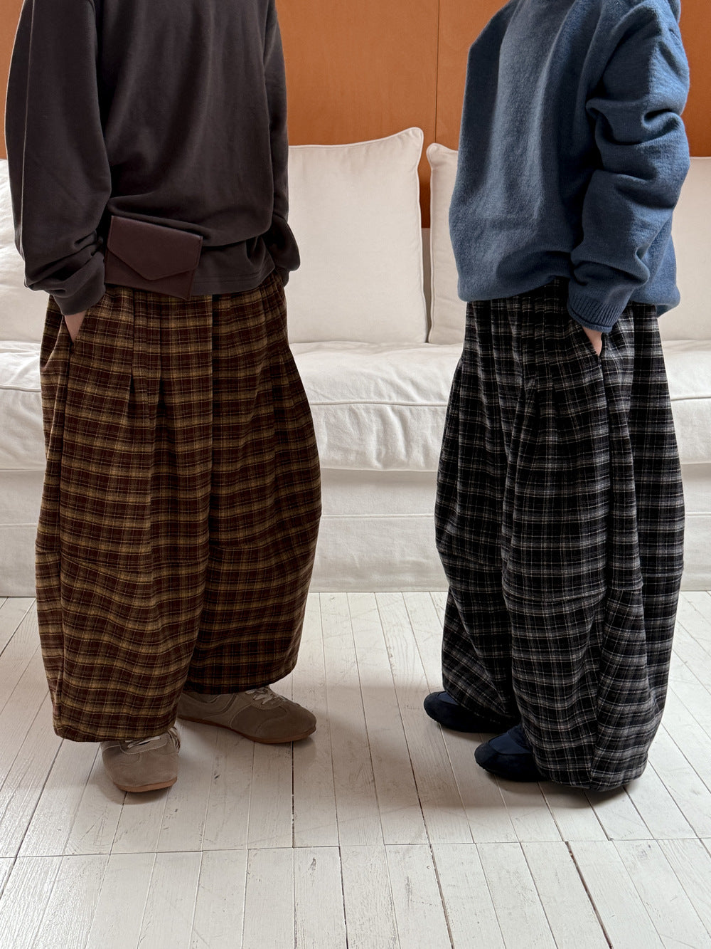 ロングパンツ・スウェットパンツ ワイドパンツ キッズ 裏起毛 厚手 チェック柄 ゆったり ルーズ ダッドパンツ【mh0011665】