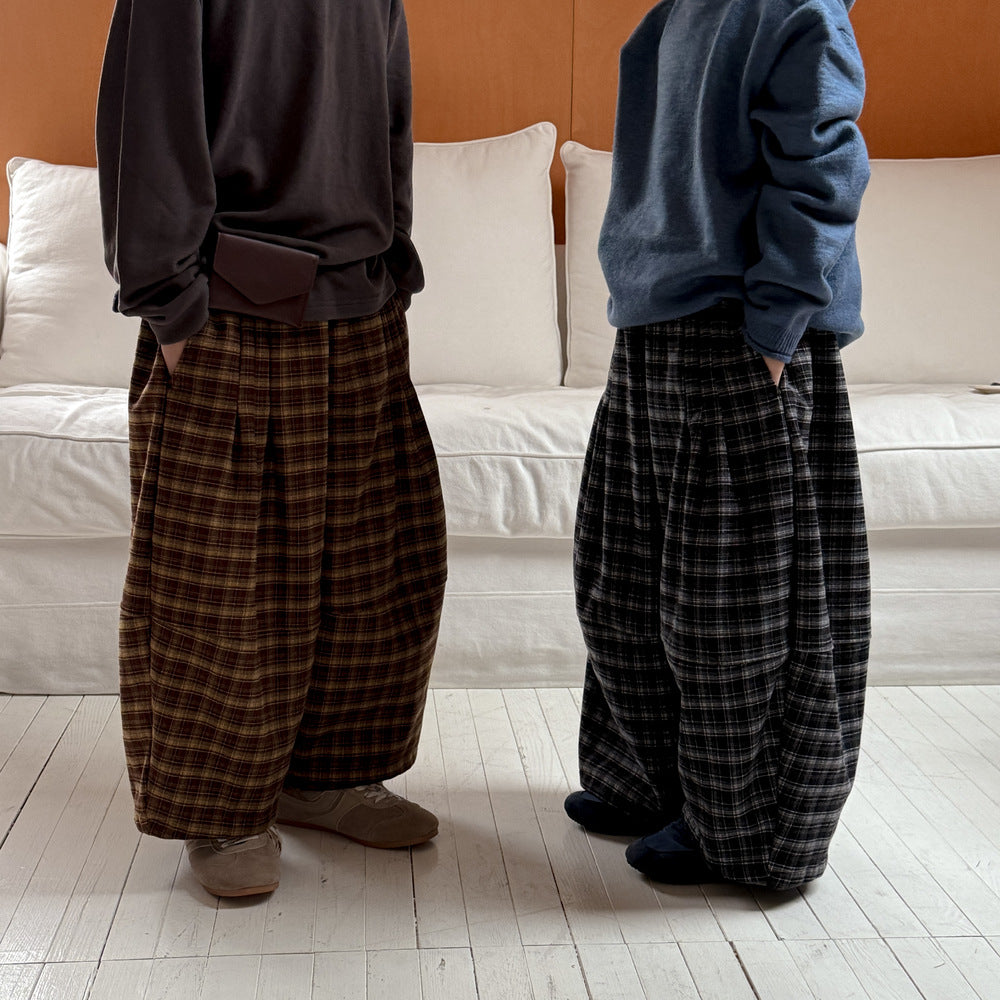 ロングパンツ・スウェットパンツ ワイドパンツ キッズ 裏起毛 厚手 チェック柄 ゆったり ルーズ ダッドパンツ【mh0011665】