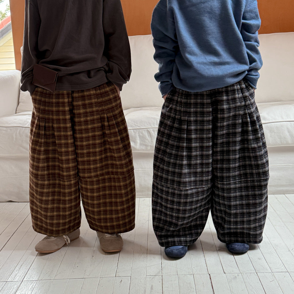 ロングパンツ・スウェットパンツ ワイドパンツ キッズ 裏起毛 厚手 チェック柄 ゆったり ルーズ ダッドパンツ【mh0011665】