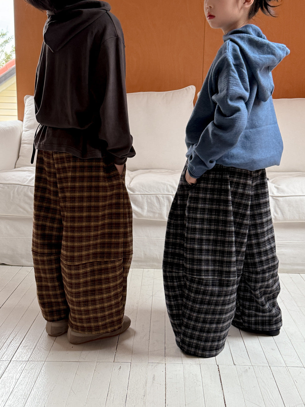 ロングパンツ・スウェットパンツ ワイドパンツ キッズ 裏起毛 厚手 チェック柄 ゆったり ルーズ ダッドパンツ【mh0011665】