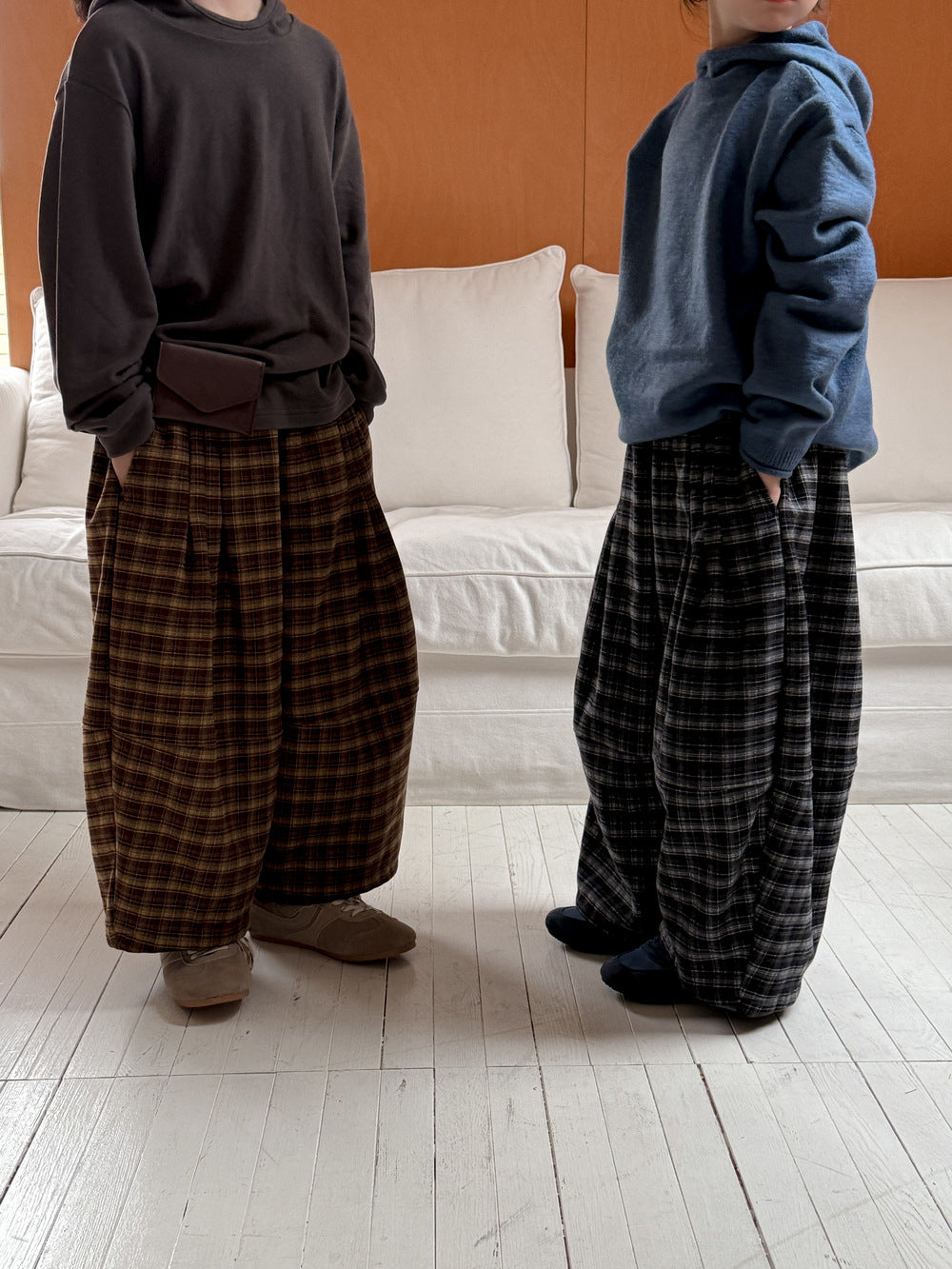 ロングパンツ・スウェットパンツ ワイドパンツ キッズ 裏起毛 厚手 チェック柄 ゆったり ルーズ ダッドパンツ【mh0011665】