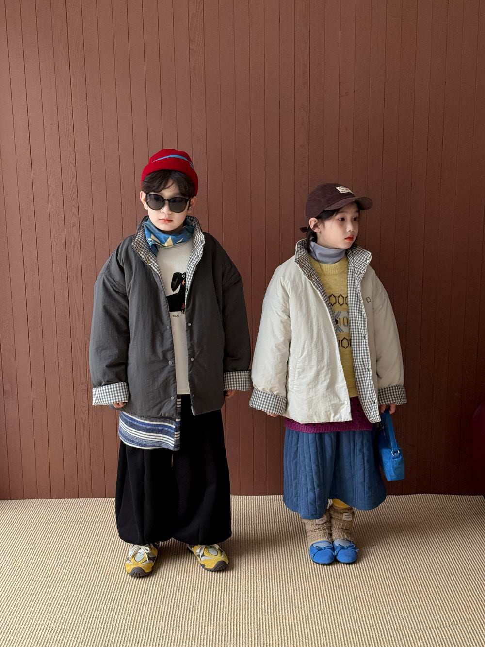 ショートコート・ジャケット・ジャンパー 中綿ジャケット キッズ チェック柄 スタンドカラー 厚手 ショート丈 カジュアル アウター【mh0011667】