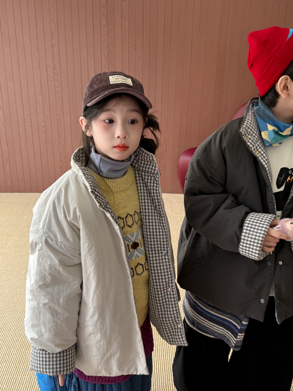 ショートコート・ジャケット・ジャンパー 中綿ジャケット キッズ チェック柄 スタンドカラー 厚手 ショート丈 カジュアル アウター【mh0011667】