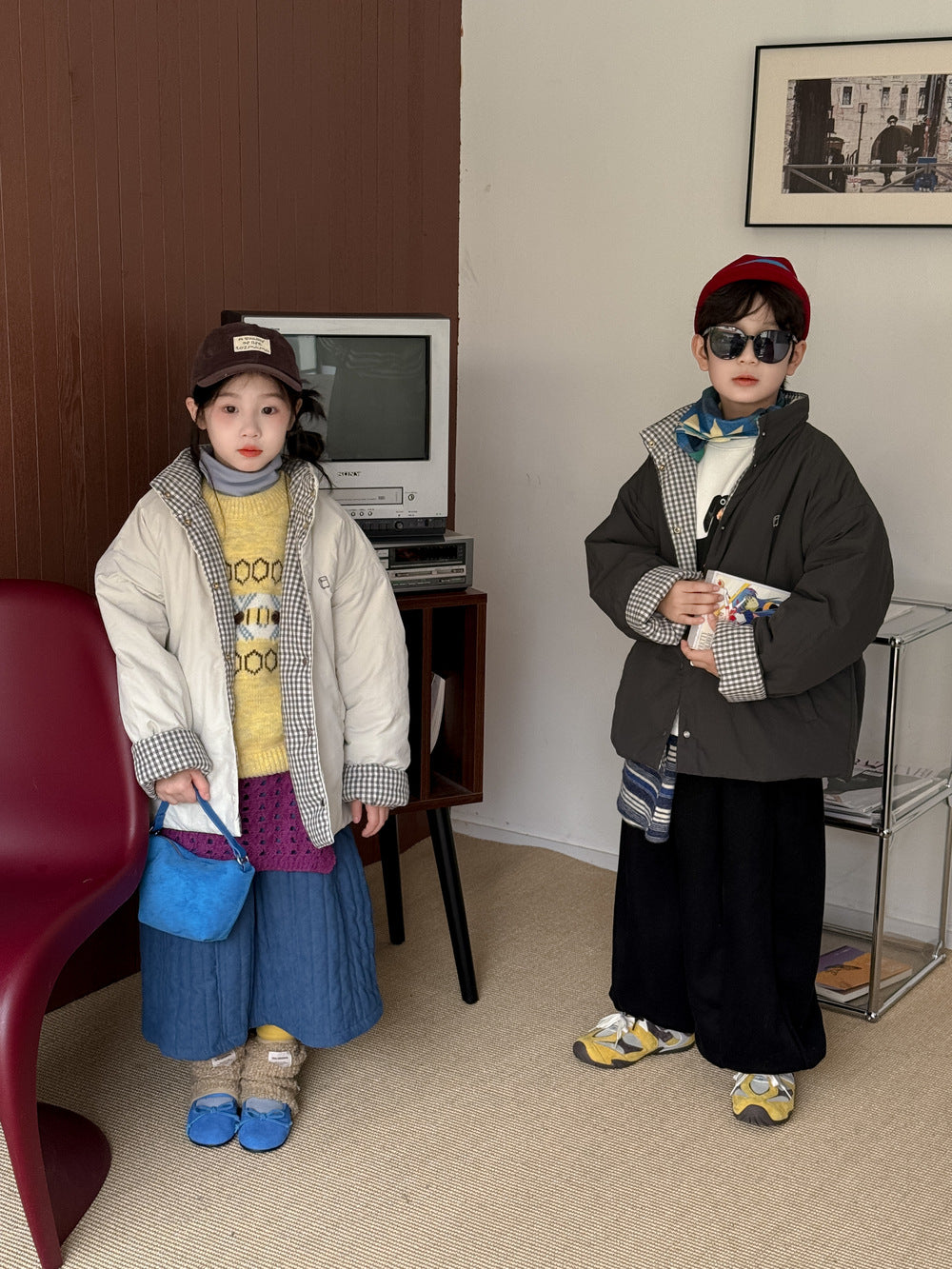 ショートコート・ジャケット・ジャンパー 中綿ジャケット キッズ チェック柄 スタンドカラー 厚手 ショート丈 カジュアル アウター【mh0011667】