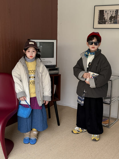 ショートコート・ジャケット・ジャンパー 中綿ジャケット キッズ チェック柄 スタンドカラー 厚手 ショート丈 カジュアル アウター【mh0011667】