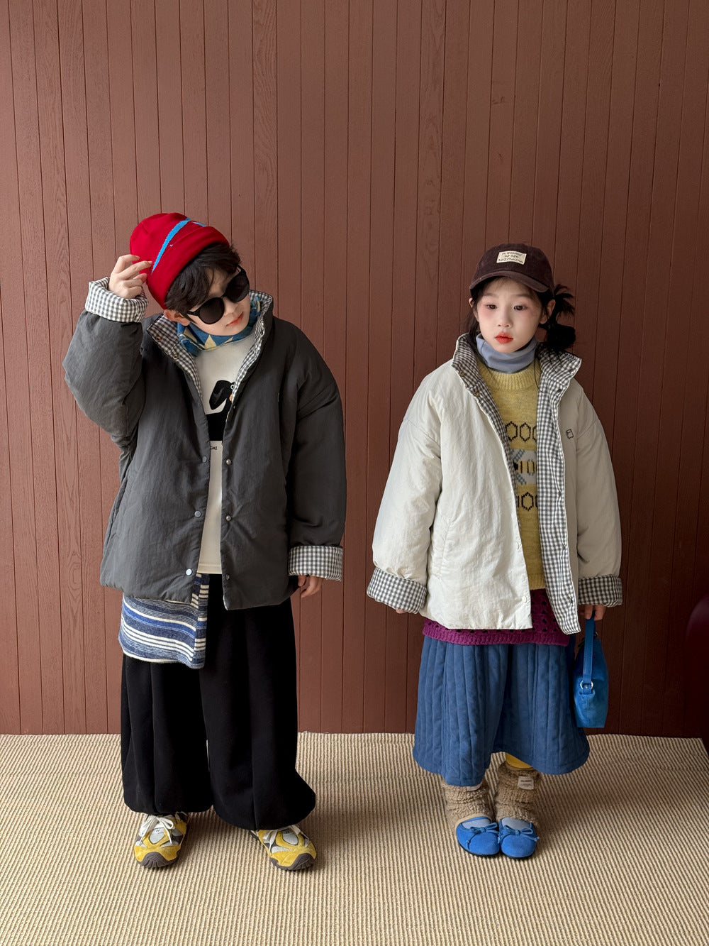ショートコート・ジャケット・ジャンパー 中綿ジャケット キッズ チェック柄 スタンドカラー 厚手 ショート丈 カジュアル アウター【mh0011667】