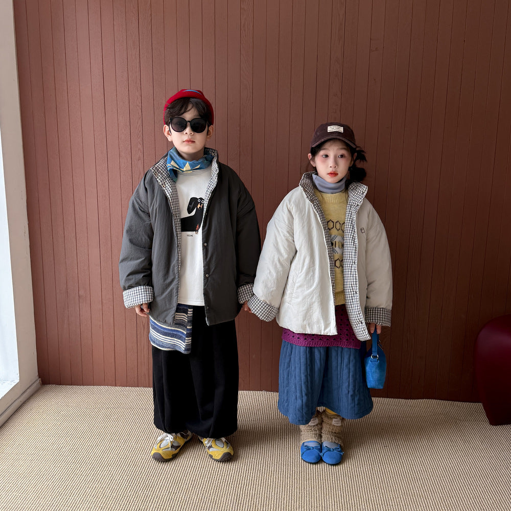 ショートコート・ジャケット・ジャンパー 中綿ジャケット キッズ チェック柄 スタンドカラー 厚手 ショート丈 カジュアル アウター【mh0011667】