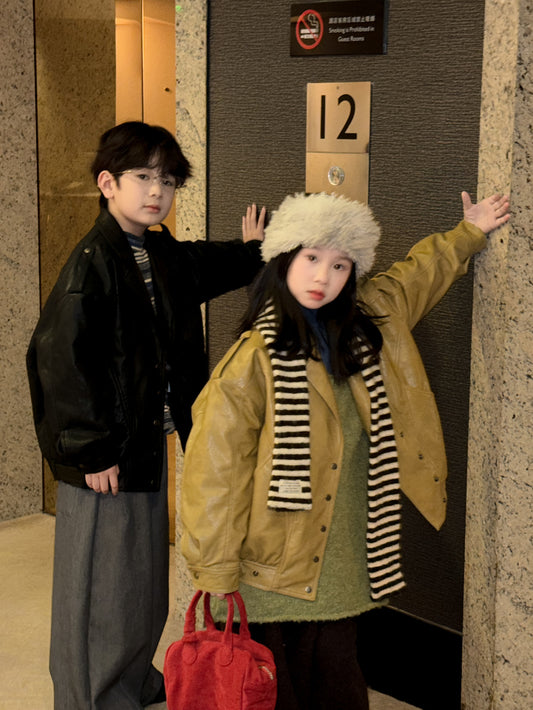 ショートコート・ジャケット・ジャンパー フェイクレザージャケット キッズ  厚手 ラペル モード ライダース【mh0011668】