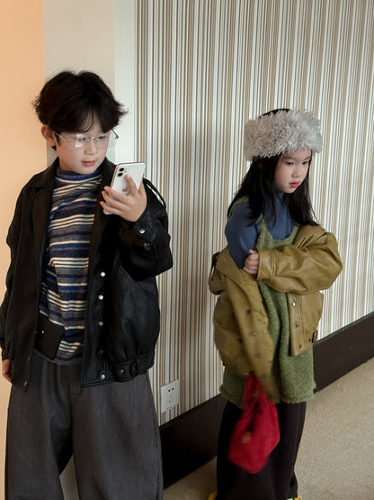 ショートコート・ジャケット・ジャンパー フェイクレザージャケット キッズ  厚手 ラペル モード ライダース【mh0011668】