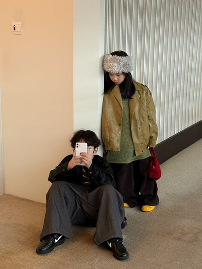 ショートコート・ジャケット・ジャンパー フェイクレザージャケット キッズ  厚手 ラペル モード ライダース【mh0011668】