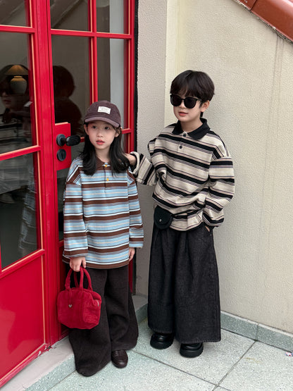 長袖シャツ・ブラウス 長袖ポロシャツ キッズ ボーダー柄 裏起毛 厚手 ゆったり カジュアル トップス【mh0011669】