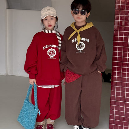 長袖セットアップ セットアップ キッズ 裏起毛 ロゴ 厚手 スウェット カジュアル ルーズフィット【mh0011670】