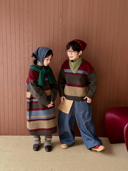ニット・セーター ニットワンピース/セーター キッズ ボーダー柄 厚手 ルーズフィット 兄弟姉妹 お揃い【mh0011676】