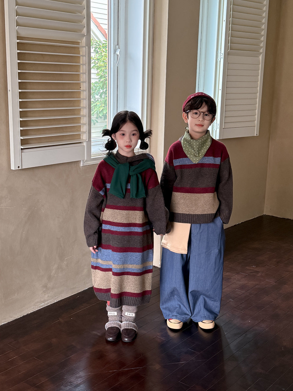 ニット・セーター ニットワンピース/セーター キッズ ボーダー柄 厚手 ルーズフィット 兄弟姉妹 お揃い【mh0011676】