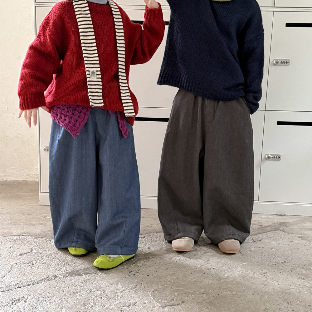 ロングパンツ・スウェットパンツ ワイドパンツ キッズ 裏起毛 厚手 デニム風 無地 ストレート ルーズフィット【mh0011680】