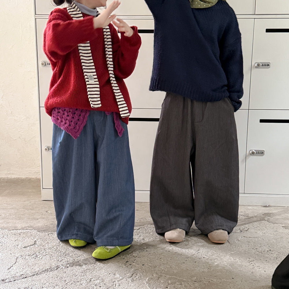 ロングパンツ・スウェットパンツ ワイドパンツ キッズ 裏起毛 厚手 デニム風 無地 ストレート ルーズフィット【mh0011680】