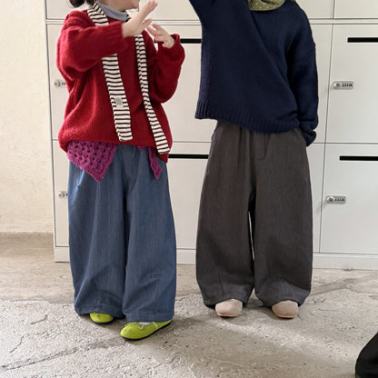 ロングパンツ・スウェットパンツ ワイドパンツ キッズ 裏起毛 厚手 デニム風 無地 ストレート ルーズフィット【mh0011680】