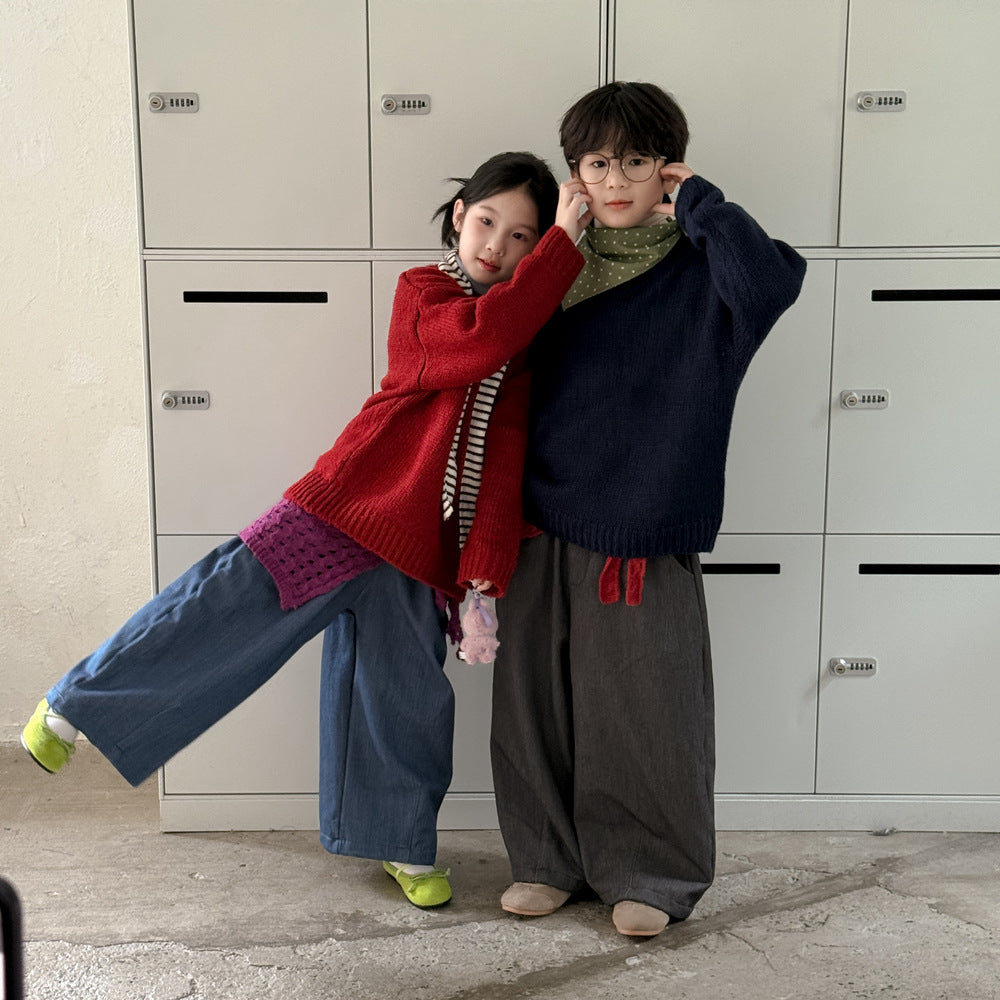 ロングパンツ・スウェットパンツ ワイドパンツ キッズ 裏起毛 厚手 デニム風 無地 ストレート ルーズフィット【mh0011680】