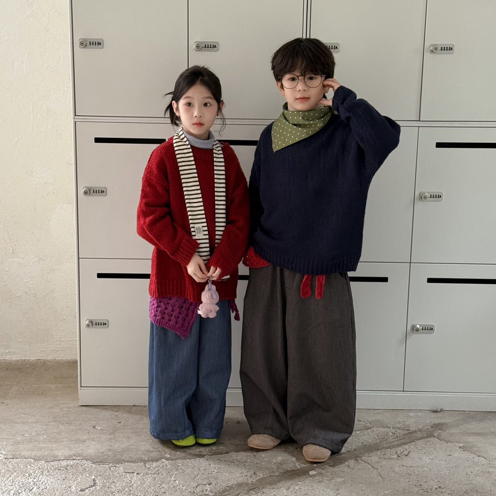 ロングパンツ・スウェットパンツ ワイドパンツ キッズ 裏起毛 厚手 デニム風 無地 ストレート ルーズフィット【mh0011680】