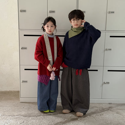 ロングパンツ・スウェットパンツ ワイドパンツ キッズ 裏起毛 厚手 デニム風 無地 ストレート ルーズフィット【mh0011680】