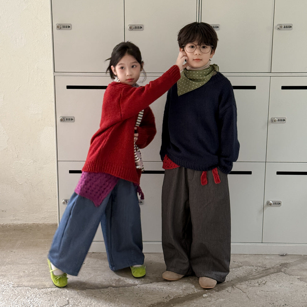 ロングパンツ・スウェットパンツ ワイドパンツ キッズ 裏起毛 厚手 デニム風 無地 ストレート ルーズフィット【mh0011680】