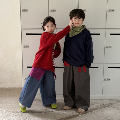 ロングパンツ・スウェットパンツ ワイドパンツ キッズ 裏起毛 厚手 デニム風 無地 ストレート ルーズフィット【mh0011680】