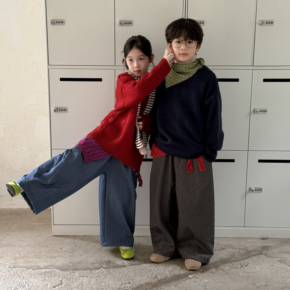 ロングパンツ・スウェットパンツ ワイドパンツ キッズ 裏起毛 厚手 デニム風 無地 ストレート ルーズフィット【mh0011680】