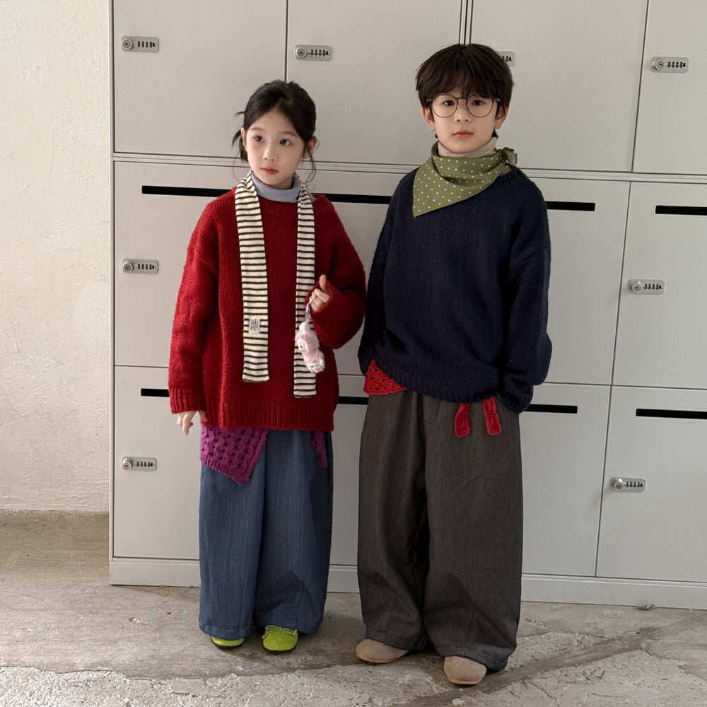 ロングパンツ・スウェットパンツ ワイドパンツ キッズ 裏起毛 厚手 デニム風 無地 ストレート ルーズフィット【mh0011680】