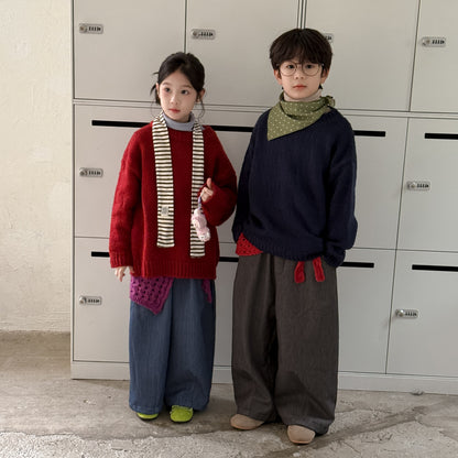 ロングパンツ・スウェットパンツ ワイドパンツ キッズ 裏起毛 厚手 デニム風 無地 ストレート ルーズフィット【mh0011680】