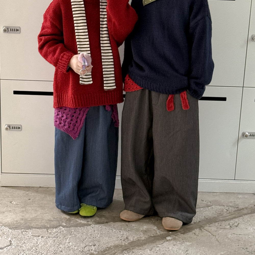 ロングパンツ・スウェットパンツ ワイドパンツ キッズ 裏起毛 厚手 デニム風 無地 ストレート ルーズフィット【mh0011680】