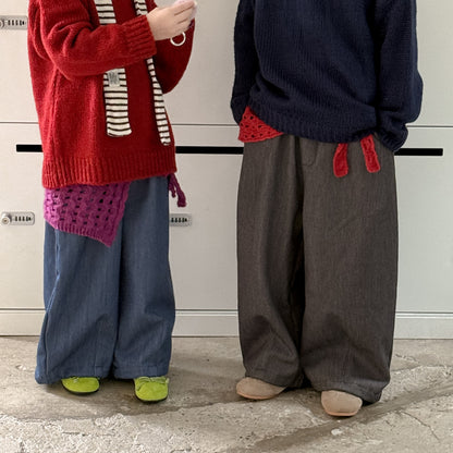 ロングパンツ・スウェットパンツ ワイドパンツ キッズ 裏起毛 厚手 デニム風 無地 ストレート ルーズフィット【mh0011680】