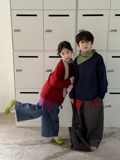 ロングパンツ・スウェットパンツ ワイドパンツ キッズ 裏起毛 厚手 デニム風 無地 ストレート ルーズフィット【mh0011680】