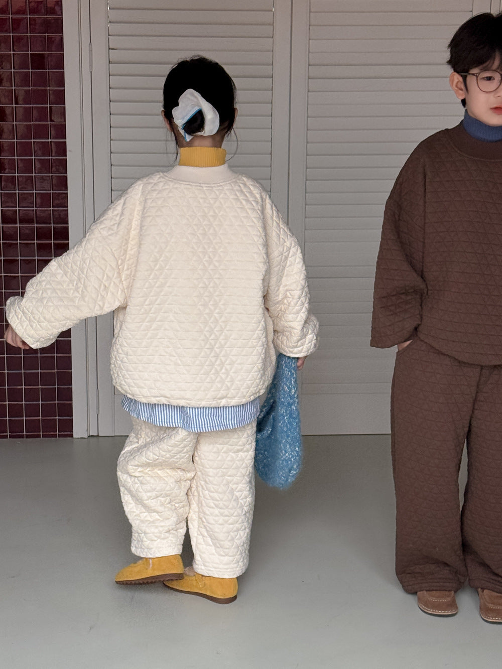 長袖セットアップ キルティングセットアップ キッズ 中綿 厚手 ダイヤ柄 ルーズフィット【mh0011681】