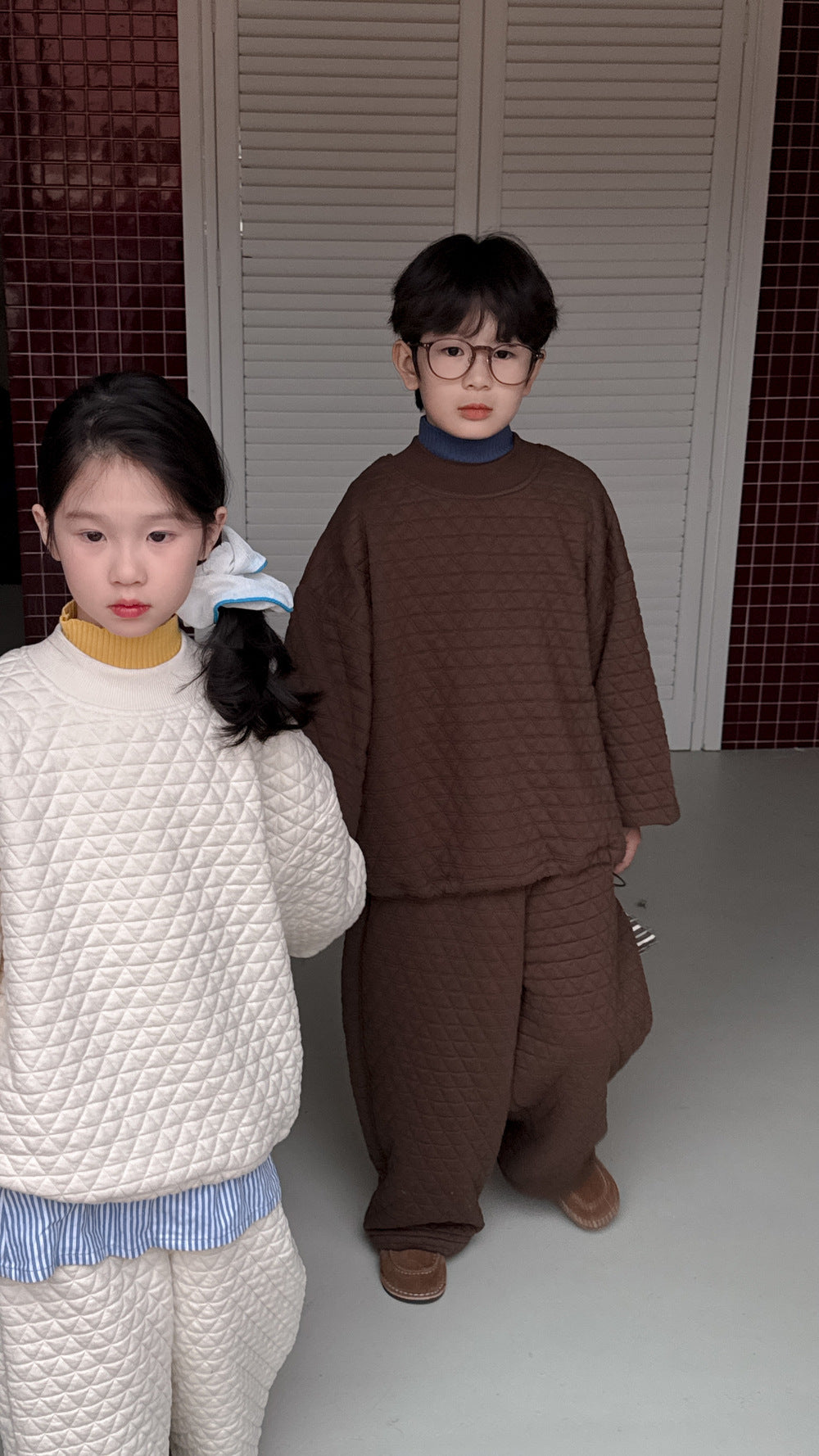 長袖セットアップ キルティングセットアップ キッズ 中綿 厚手 ダイヤ柄 ルーズフィット【mh0011681】