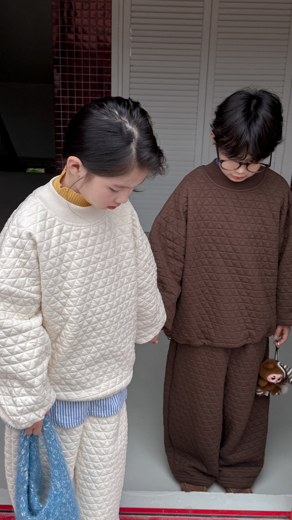 長袖セットアップ キルティングセットアップ キッズ 中綿 厚手 ダイヤ柄 ルーズフィット【mh0011681】