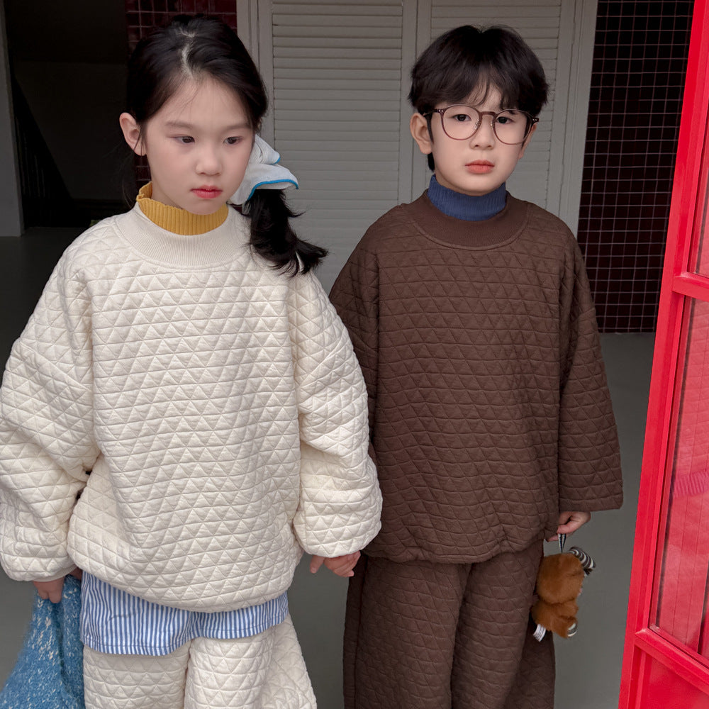 長袖セットアップ キルティングセットアップ キッズ 中綿 厚手 ダイヤ柄 ルーズフィット【mh0011681】