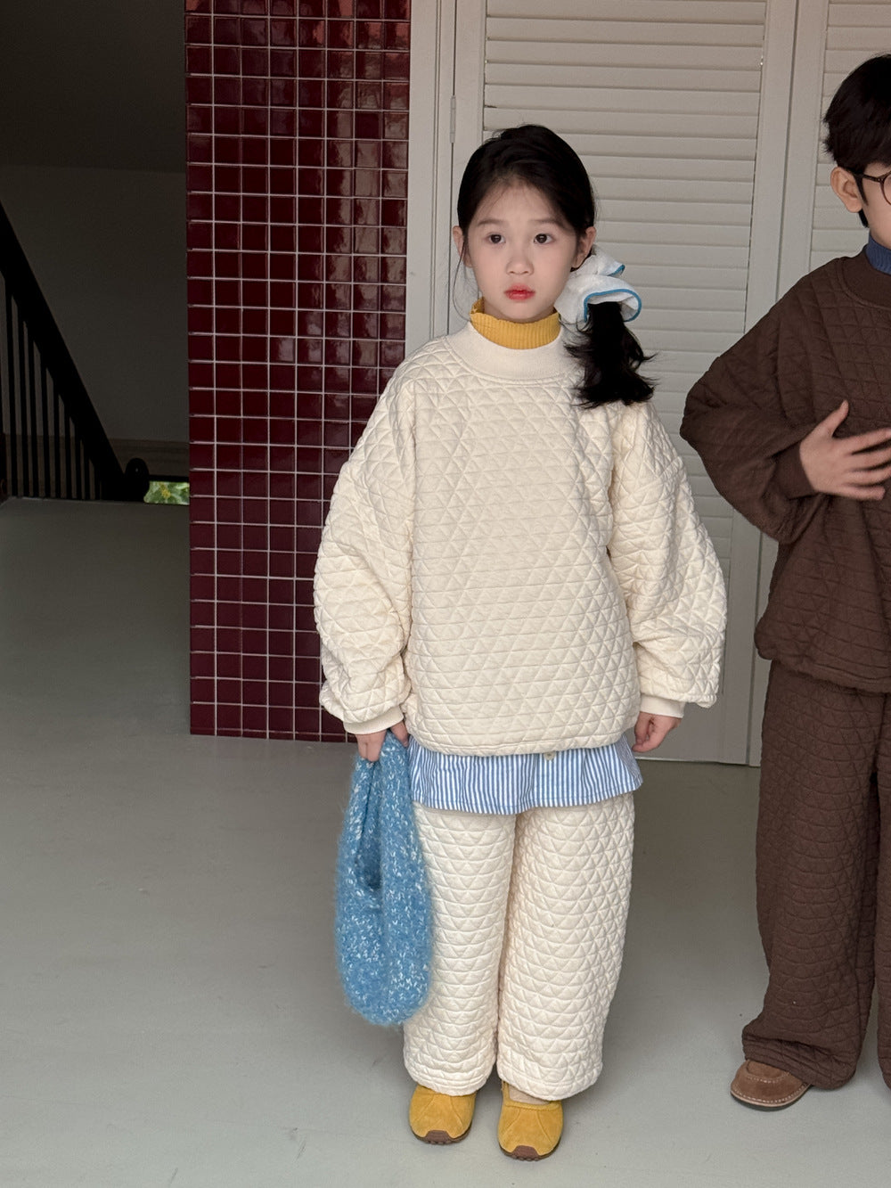 長袖セットアップ キルティングセットアップ キッズ 中綿 厚手 ダイヤ柄 ルーズフィット【mh0011681】