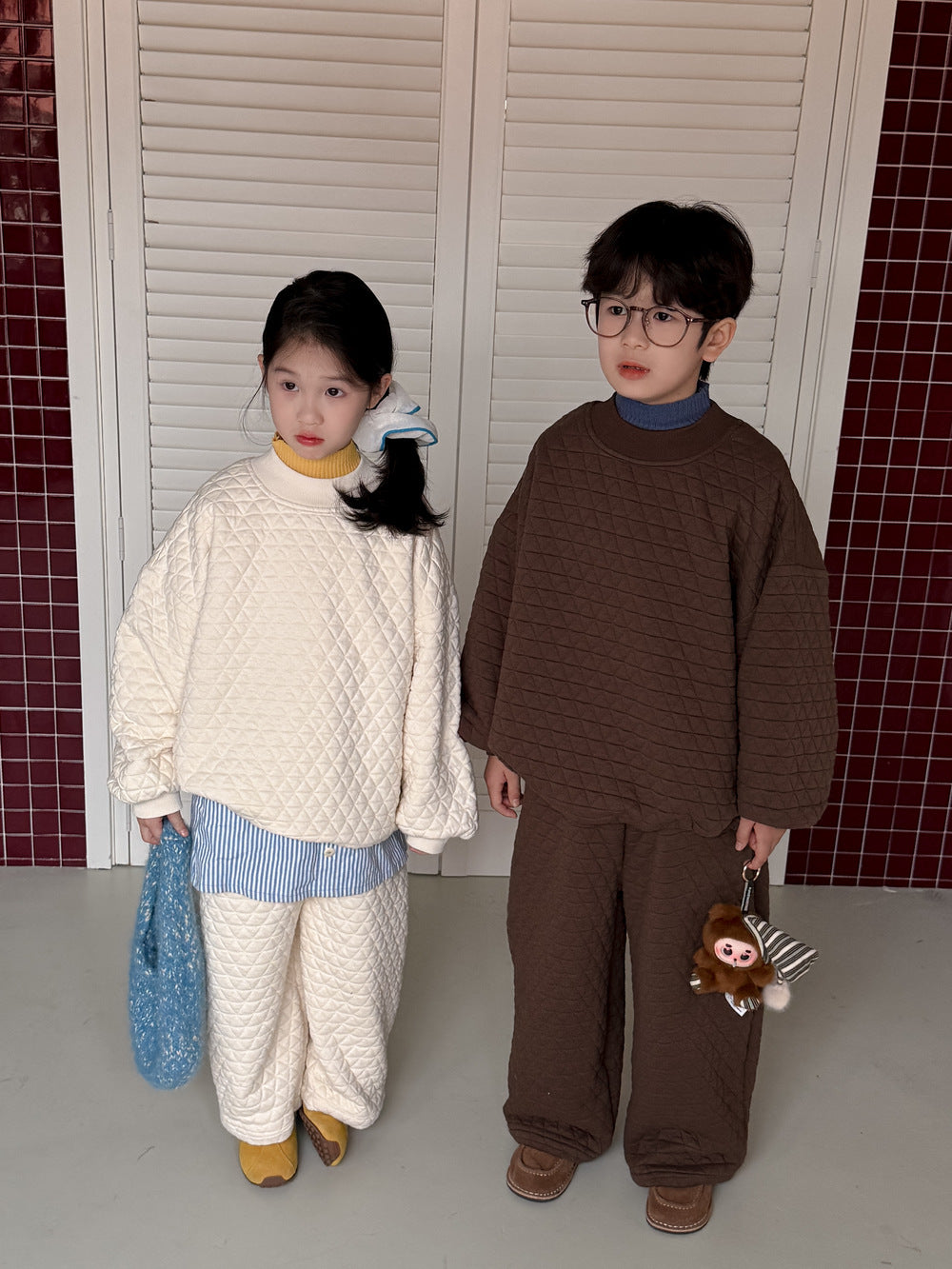 長袖セットアップ キルティングセットアップ キッズ 中綿 厚手 ダイヤ柄 ルーズフィット【mh0011681】