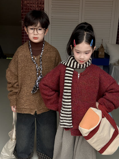 カーディガン・パーカー ニットカーディガン キッズ 裏起毛 厚手 無地 ジップアップ カジュアル【mh0011682】