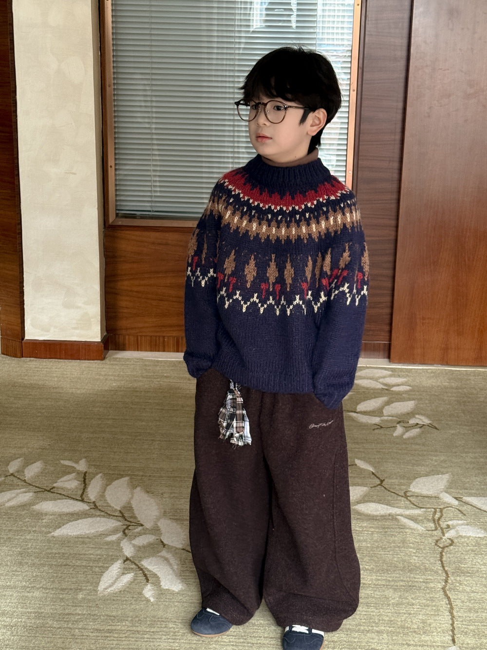 ニット・セーター ニットセーター キッズ 求心柄 厚手 クルーネック ルーズフィット カジュアル【mh0011684】