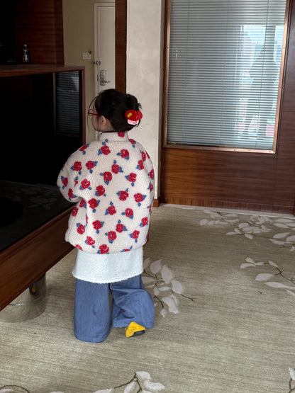 ショートコート・ジャケット・ジャンパー ボアジャケット キッズ フラワープリント 厚手 スタンドカラー カジュアル ジップアウター【mh0011686】