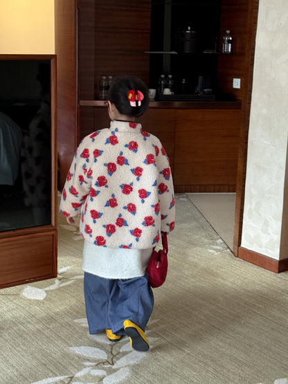 ショートコート・ジャケット・ジャンパー ボアジャケット キッズ フラワープリント 厚手 スタンドカラー カジュアル ジップアウター【mh0011686】