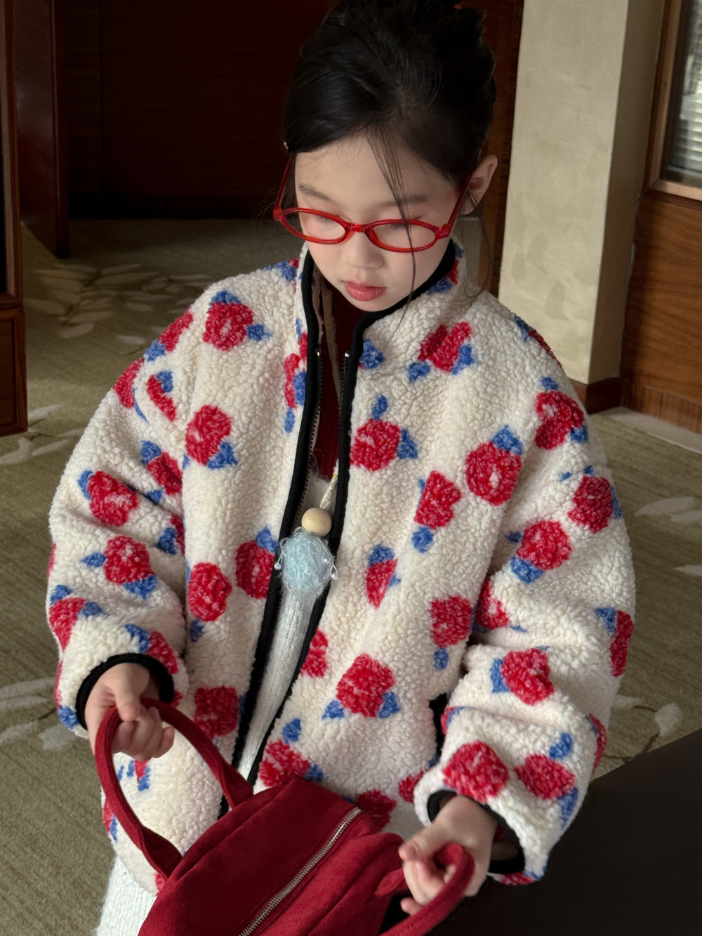 ショートコート・ジャケット・ジャンパー ボアジャケット キッズ フラワープリント 厚手 スタンドカラー カジュアル ジップアウター【mh0011686】