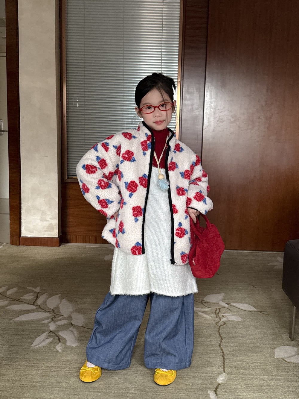 ショートコート・ジャケット・ジャンパー ボアジャケット キッズ フラワープリント 厚手 スタンドカラー カジュアル ジップアウター【mh0011686】