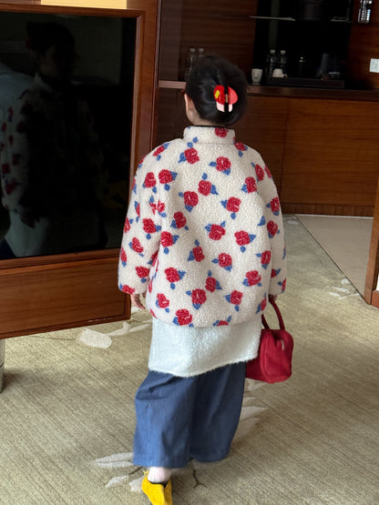 ショートコート・ジャケット・ジャンパー ボアジャケット キッズ フラワープリント 厚手 スタンドカラー カジュアル ジップアウター【mh0011686】