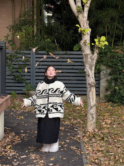 ショートコート・ジャケット・ジャンパー ラムフリースジャケット トライバル柄 ネイティブ柄 フーディコート【mh0011868】