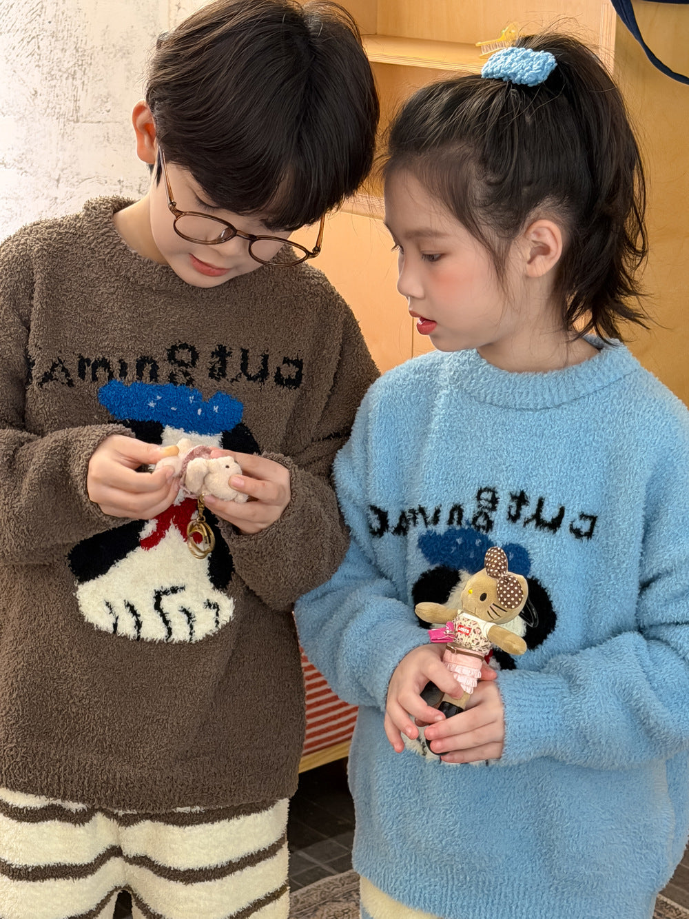 長袖パジャマ サンゴフリースパジャマセット ドッグモチーフ 防寒 ボーダーパンツ ルームウェア【mh0011872】