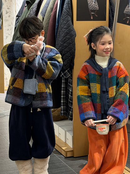 ショートコート・ジャケット・ジャンパー マドラスチェックノーカラージャケット カラフルブロックチェック アウター【mh0011873】