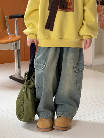 デニムパンツ デニムカーゴパンツ 裏フリース ボーイフレンドストレート ポケット ジーンズ【mh0011876】