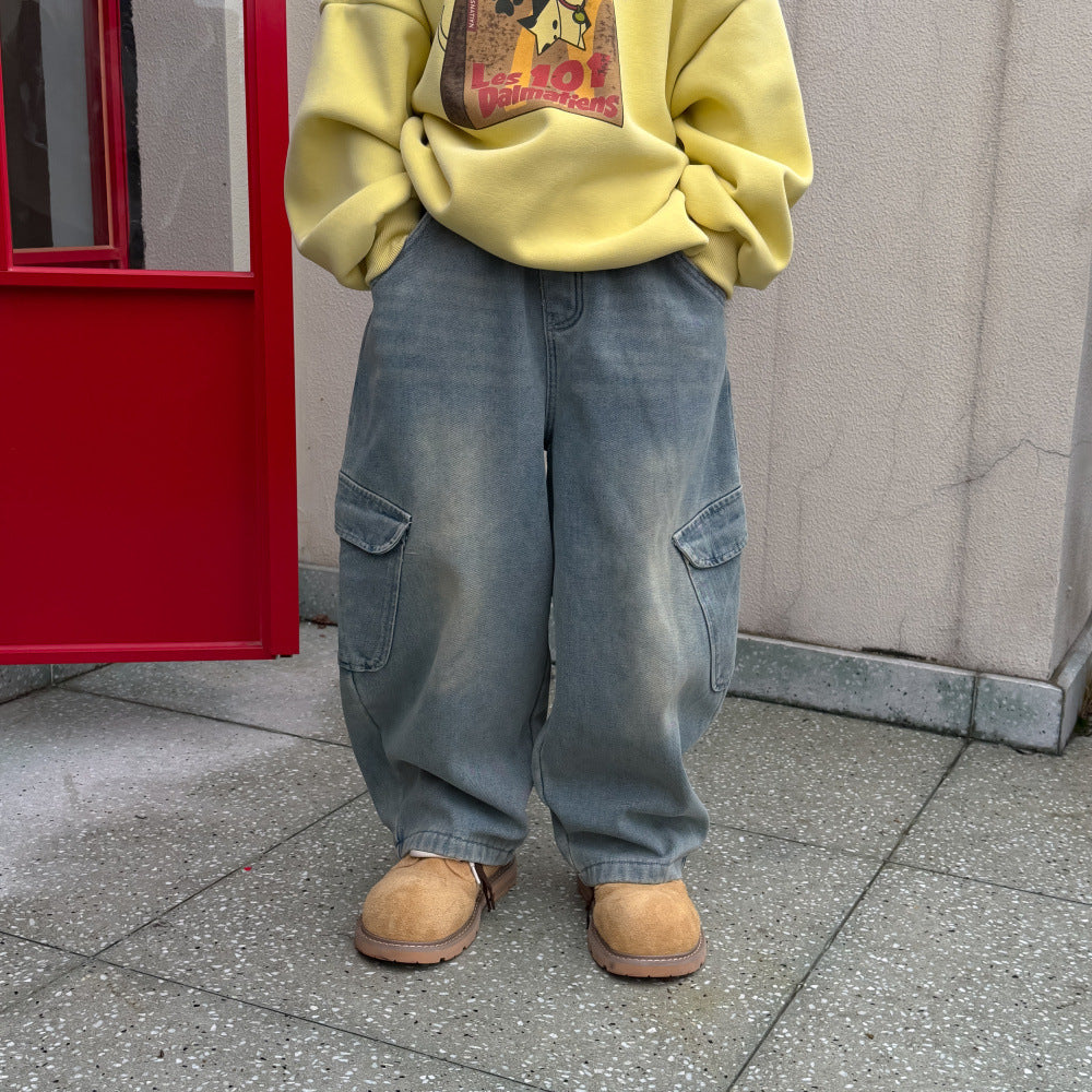 デニムパンツ デニムカーゴパンツ 裏フリース ボーイフレンドストレート ポケット ジーンズ【mh0011876】